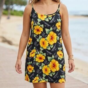 Hawaii Tropical Hibiscus Floral Mini Dress Black Yellow Large‎ Summer Beach Slip